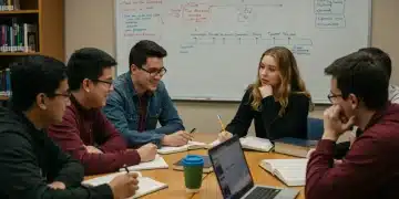 Students collaborating in a community college library, focused on a university transfer plan.