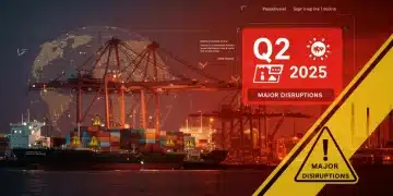 Global supply chain alert, digital overlay Q2 2025, showing disruption and urgent business concerns.