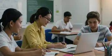 Students and teachers in a modern classroom adapting to new education policies.