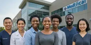 Diverse individuals standing confidently in front of a healthcare clinic, representing wider Medicaid access