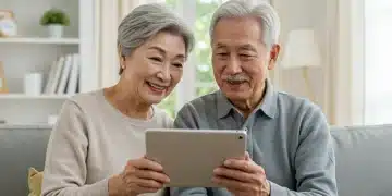Smiling senior couple reviewing financial documents on a tablet, symbolizing maximized social security benefits.