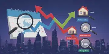 Stylized graphic representing the 2025 US housing market forecast with economic indicators.