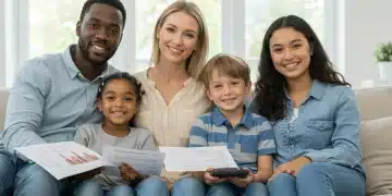 Smiling family discussing finances with Child Tax Credit benefits