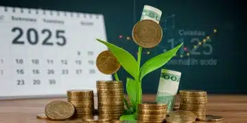 Illustration of money growing on a plant with a 2025 calendar, representing high-yield savings growth.