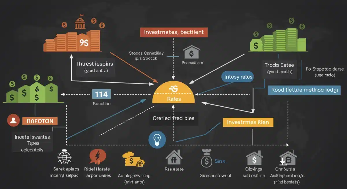 Graphic showing the intricate relationship between interest rates, inflation, and different investment vehicles like stocks, bonds, and real estate.