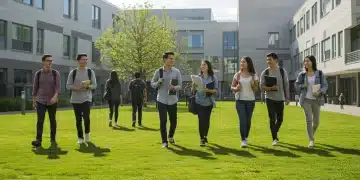 Diverse students walk on a modern university campus, embodying future education trends.