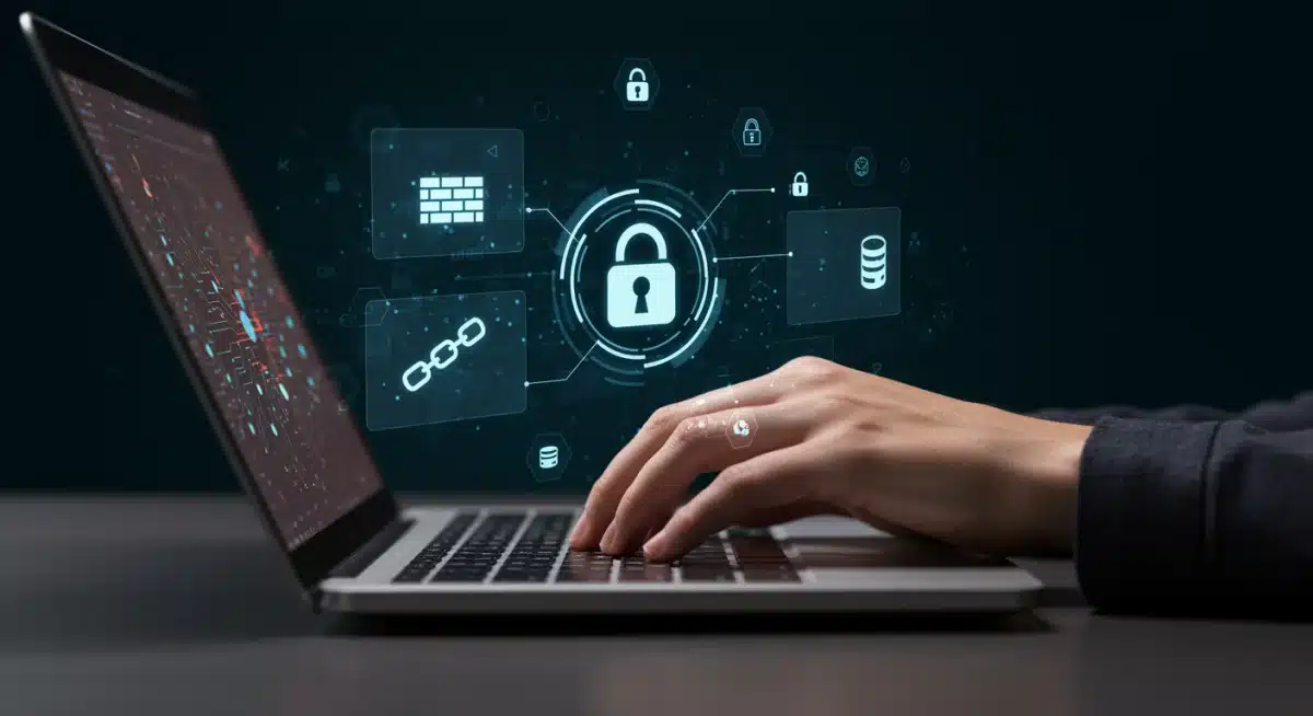 Hand typing on keyboard with cybersecurity icons