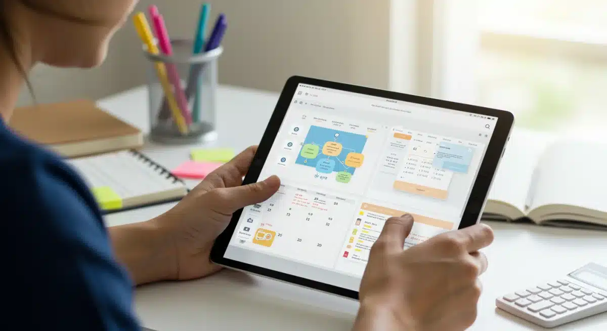 College student organizing digital notes and schedule on a tablet for better time management