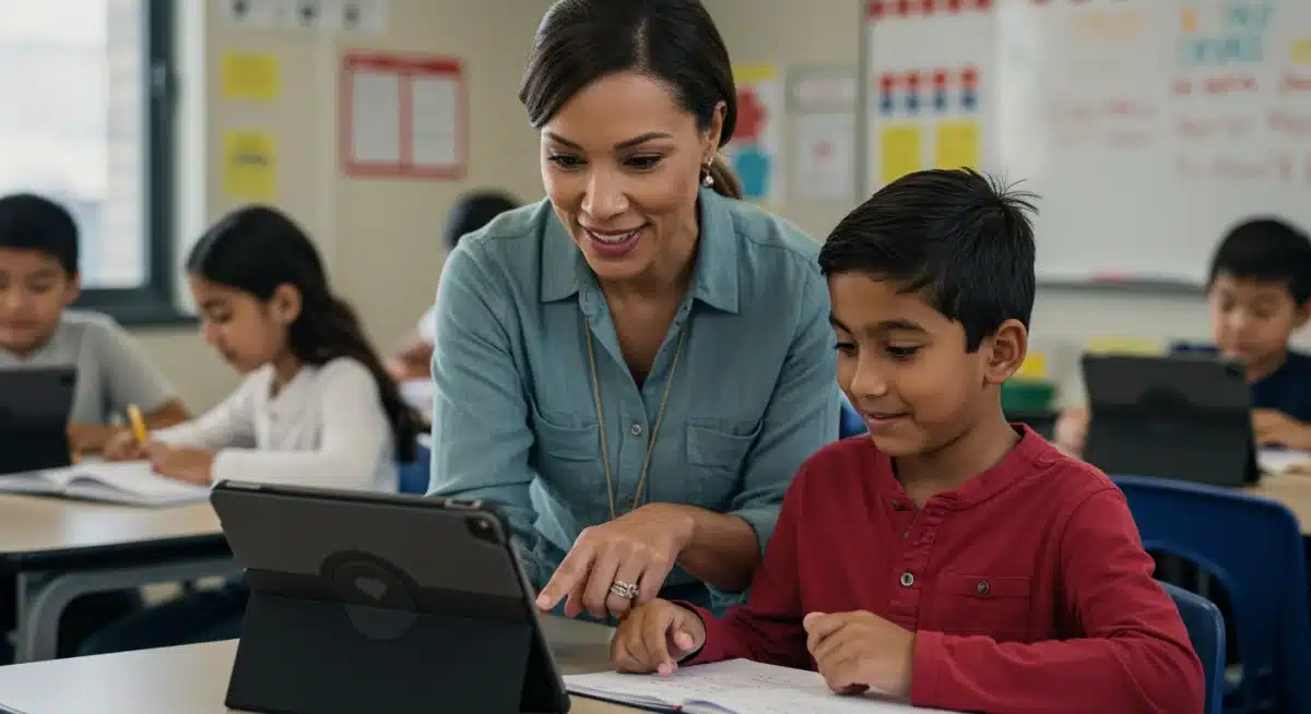 Teacher assisting student with AI learning platform, personalizing education in a US classroom.