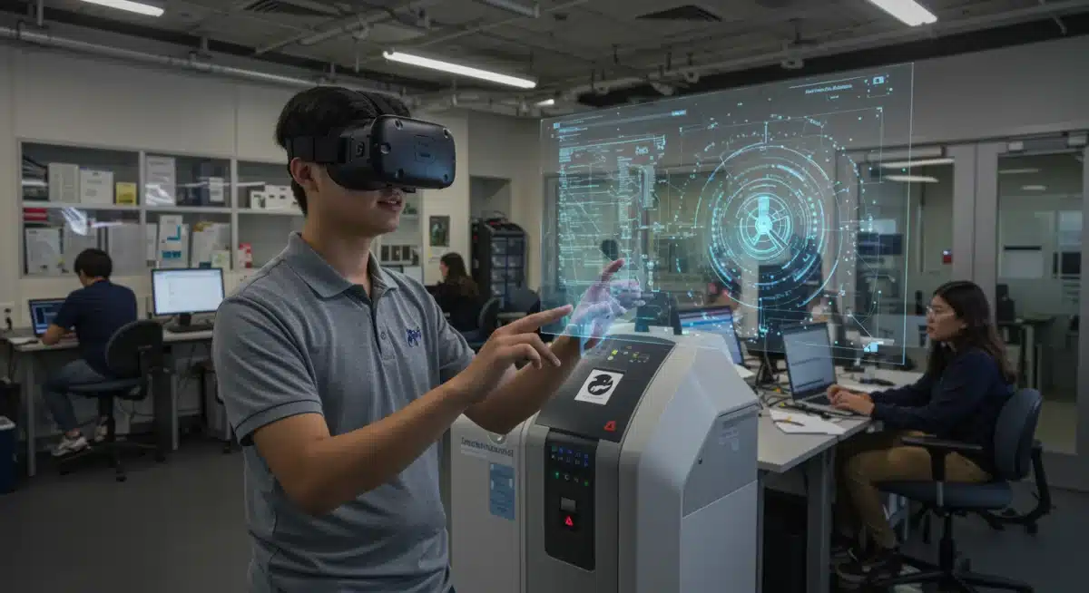 Student using VR for immersive learning in a future-focused university lab.