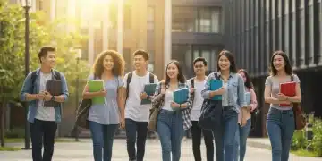 Smiling college students walking on a sunny university campus, ready for their studies