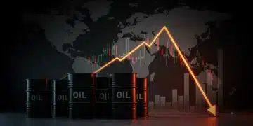 Dynamic oil market chart with barrels and global map, illustrating 2025 price volatility