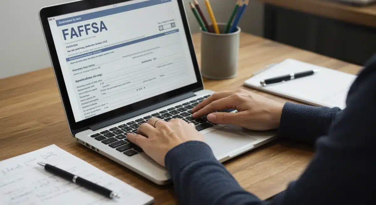 Person filling out the FAFSA application form on a laptop, focused on financial aid details