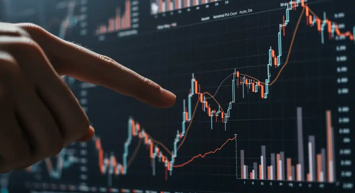 Financial graphs and data points on a digital screen being analyzed by a trader.