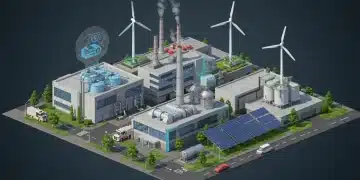 Modern factory with solar panels and wind turbines, symbolizing energy bill impact on manufacturing.