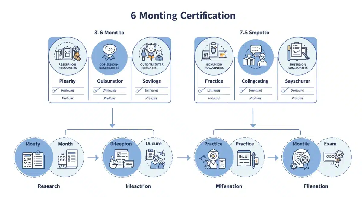 Infographic illustrating a six-month timeline for acquiring two professional certifications, detailing key stages and progress markers.