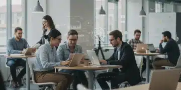 Professionals learning and collaborating in a modern co-working space, representing upskilling and career growth.