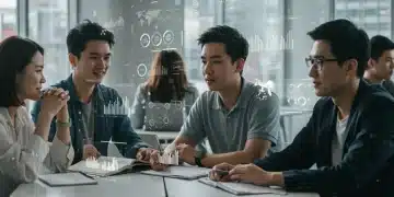 Students and professionals collaborating on future job skills