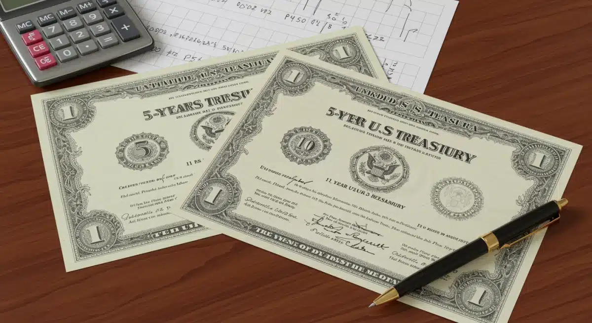 Comparison of 5-year and 10-year US Treasury bond certificates on a desk.