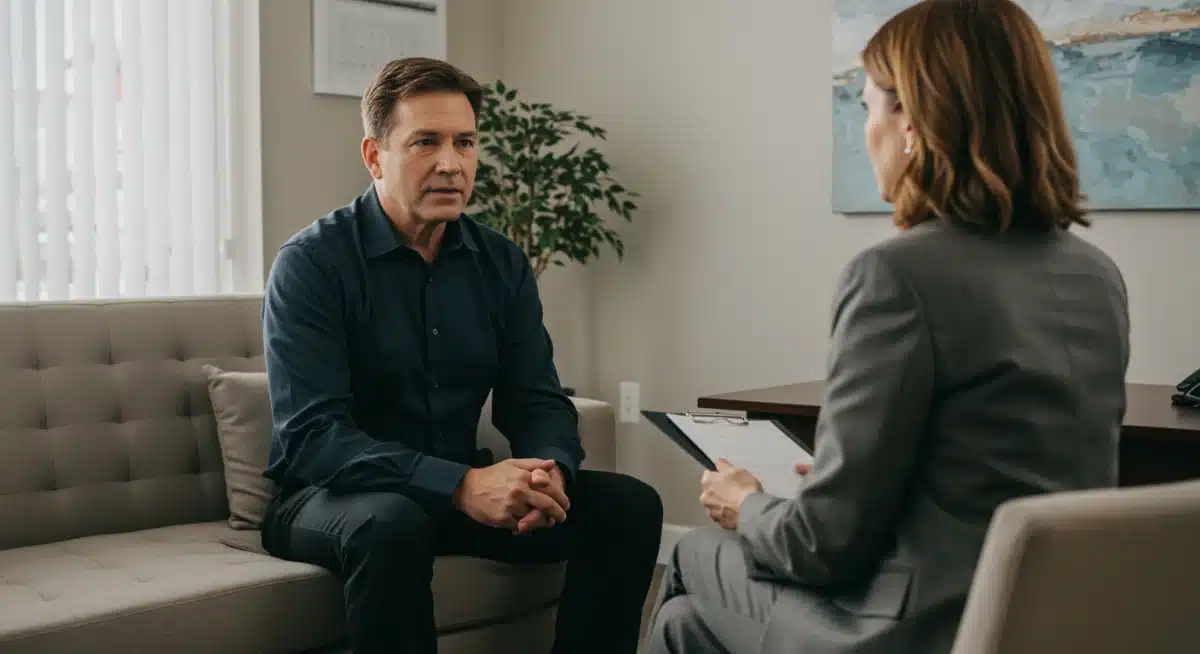 Individual speaking with a mental health professional in a private setting.