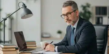 Focused adult studying on laptop with books, symbolizing career growth and income boost