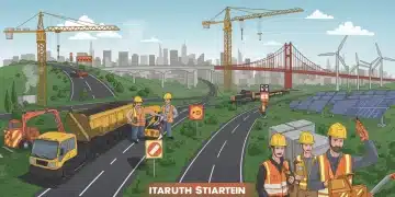 Construction workers and engineers overseeing various infrastructure projects, symbolizing job growth from the 2026 bill.