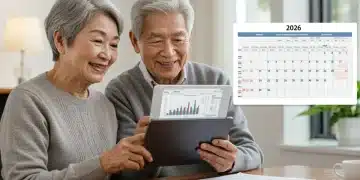 Senior couple reviewing 2026 Social Security benefits on a tablet, symbolizing financial planning.