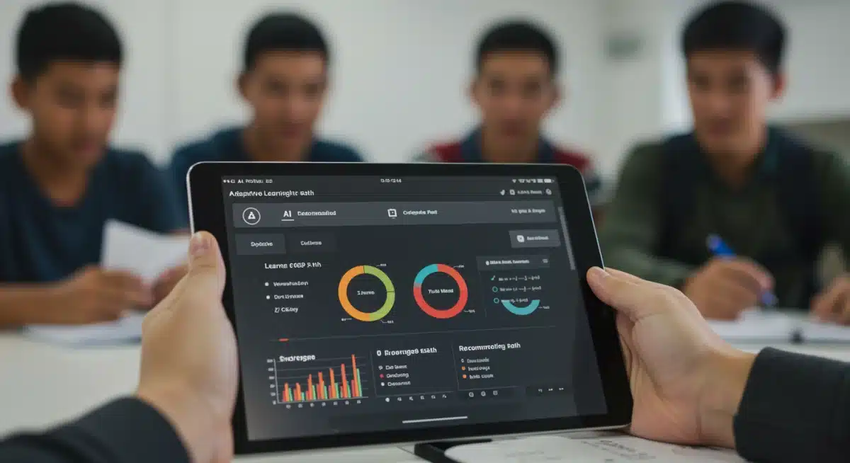 Adaptive learning platform on a tablet, showcasing personalized educational content and student progress.