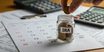 Calendar with April 15th highlighted, hand putting coins into IRA jar