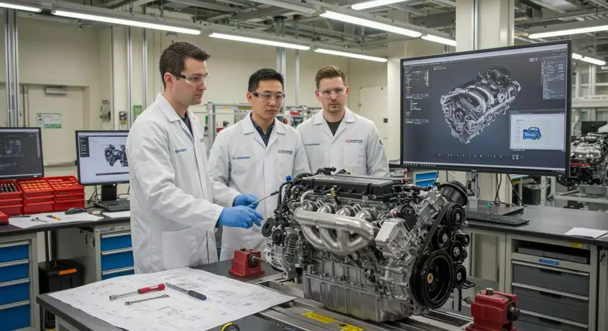Engineers examining an efficient engine prototype in an automotive research lab, symbolizing technological advancements.