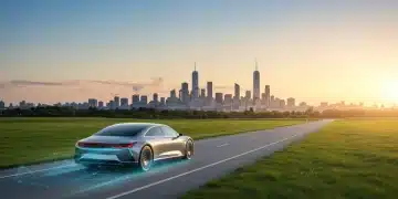 Electric vehicle driving on a clean road with green landscape and clear sky, symbolizing environmental impact of new EPA standards.
