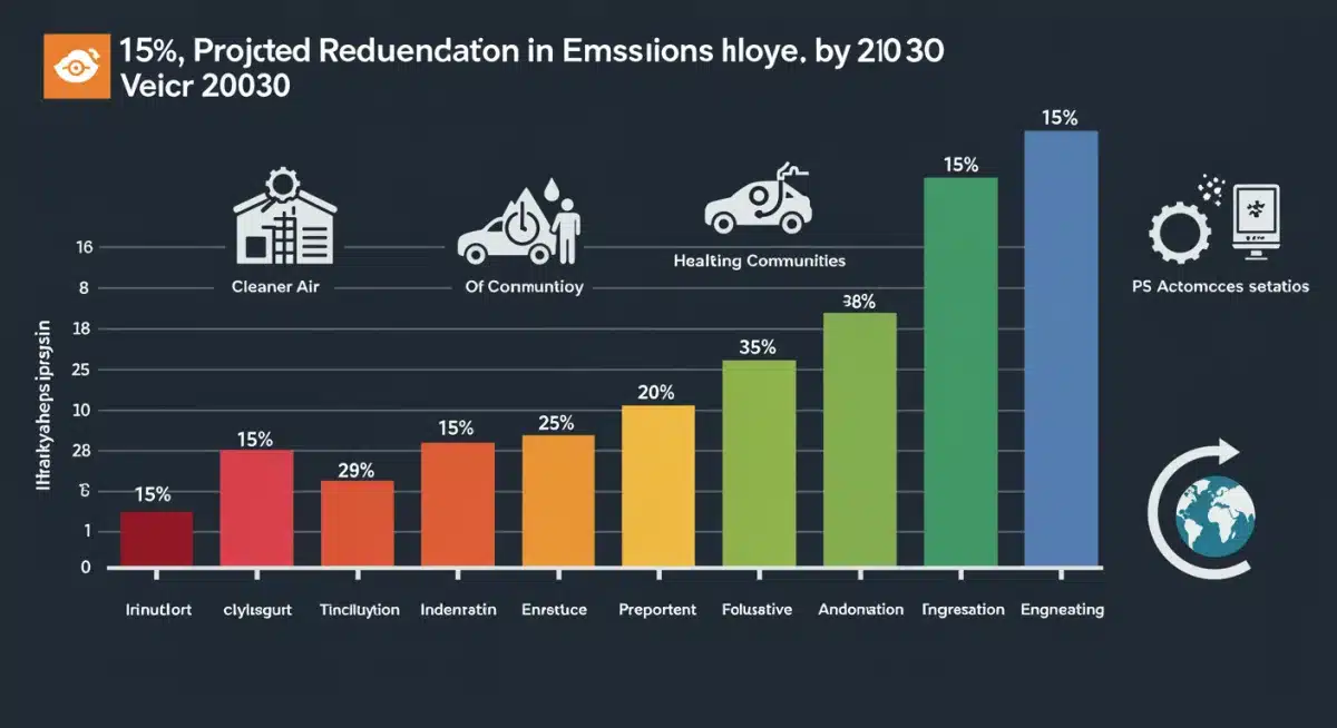 Infographic showing projected 15% reduction in vehicle emissions by 2030 with icons for clean air and technology.