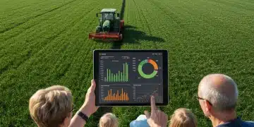 Farm field with tractor, family looking at economic charts, representing 2026 Farm Bill and food prices.