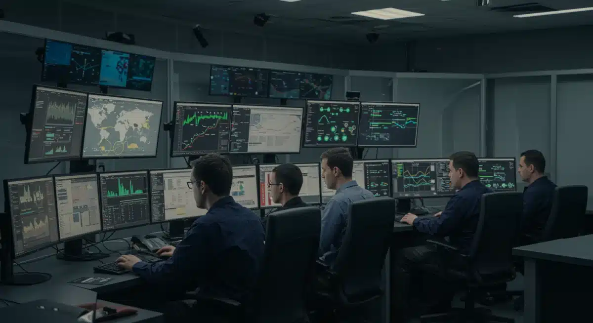 Cybersecurity experts monitoring screens in a federal response center after a government breach.