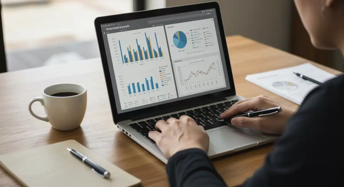 Individual meticulously reviewing financial statements and investment growth on a laptop