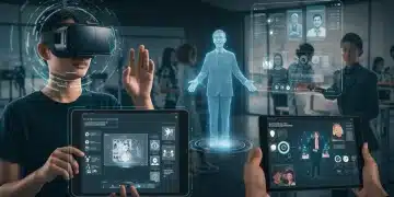 Futuristic classroom with students using VR, AI tutors, and interactive displays, representing education technology trends 2026.