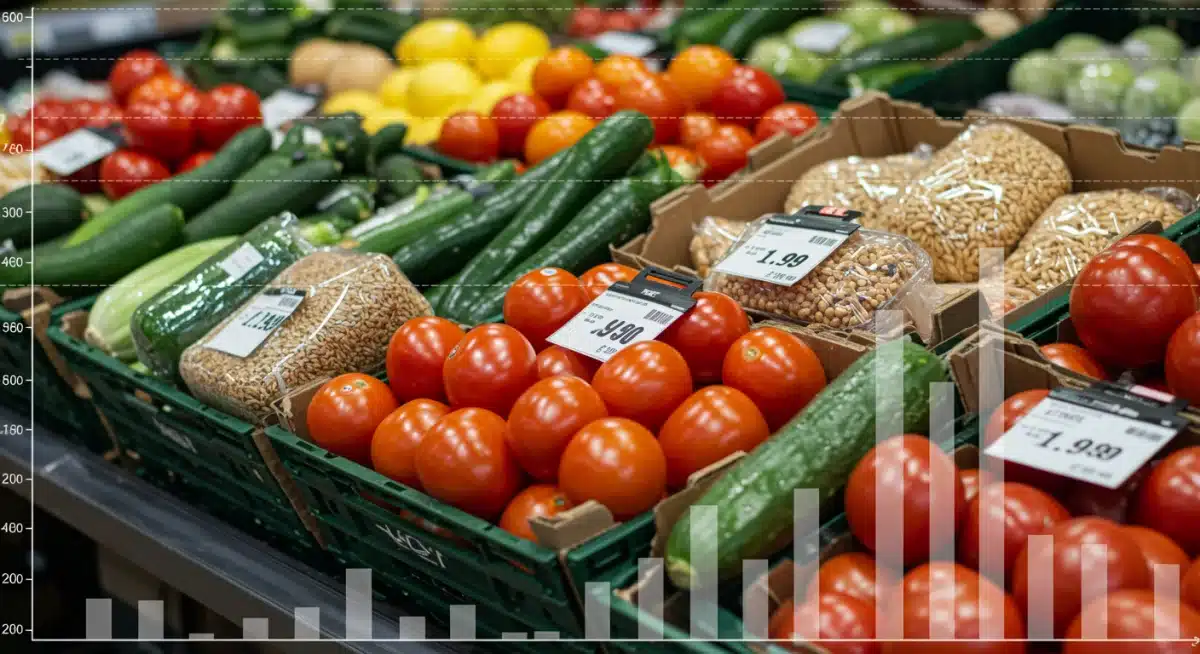Fresh produce in a grocery store with subtle price fluctuation graph, illustrating consumer food costs.