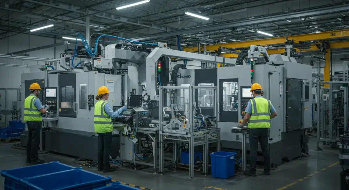 Modern factory with automation and human workers, representing labor market trends and productivity.