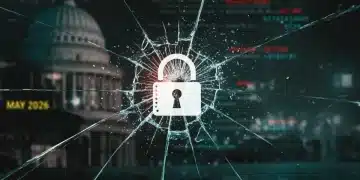 Digital lock shattering over government buildings, representing a major US cybersecurity breach in May 2026.