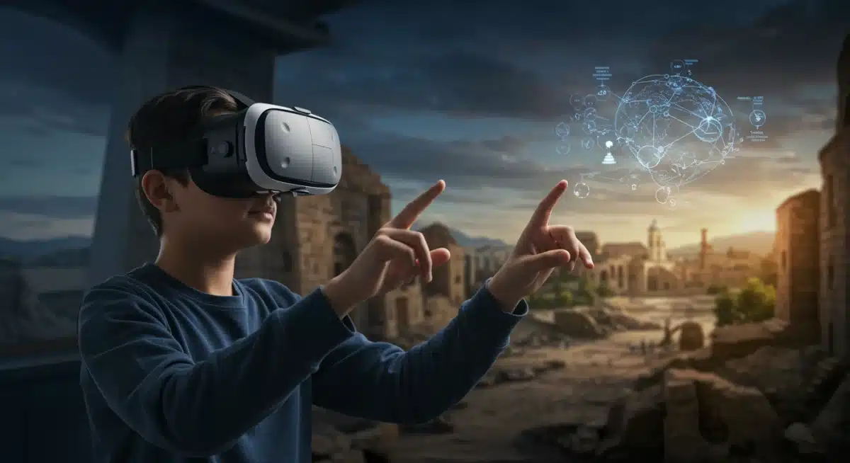 Student immersed in a virtual reality learning environment, exploring a historical site.