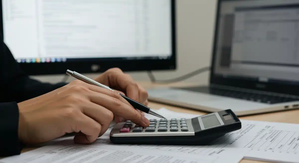 Person calculating tax benefits with a calculator, pen, and tax forms.