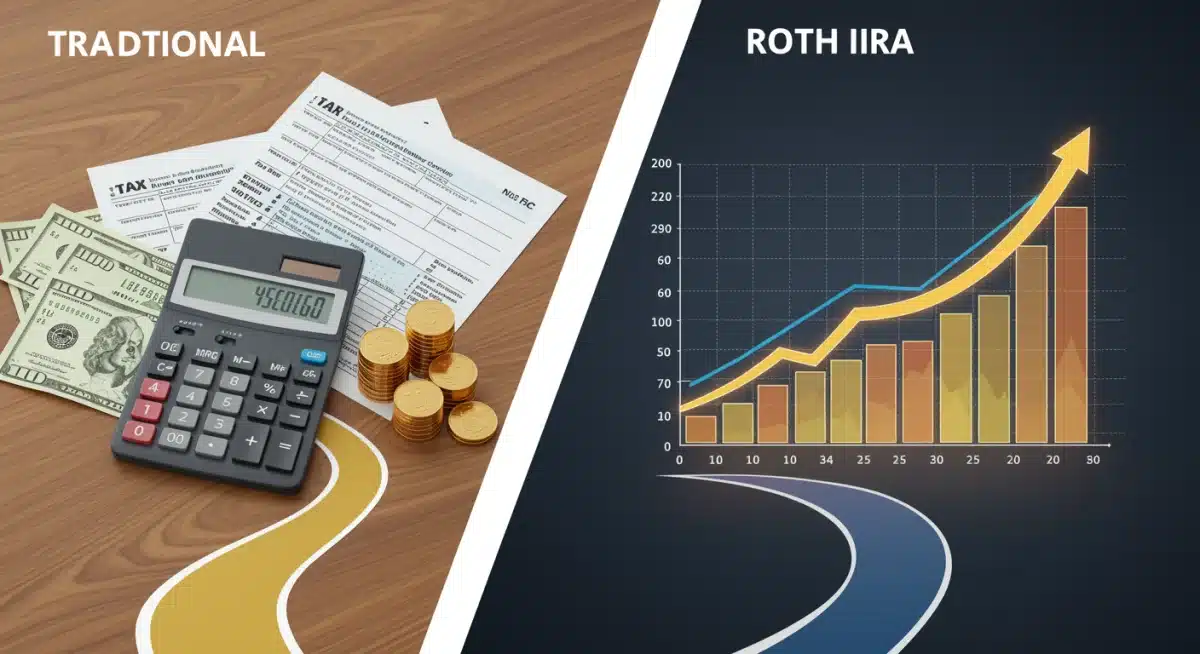 Traditional versus Roth IRA comparison with financial elements