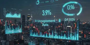 Charts and graphs illustrating the US unemployment rate at 3.9% and economic projections for Q4 2026.