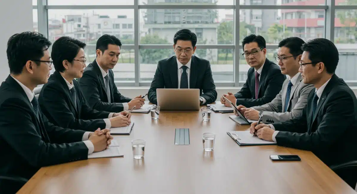 Business executives discussing strategic responses to new trade policies and tariffs