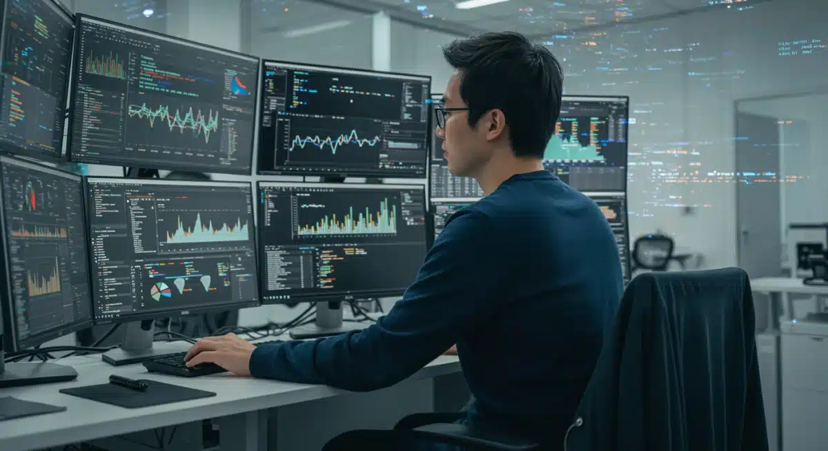 Data scientist analyzing complex algorithms and visualizations, showcasing AI and data science.