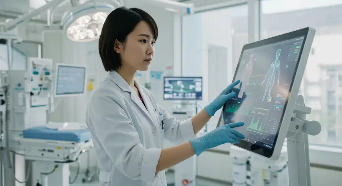 Healthcare professional utilizing advanced medical technology for digital health and patient care.