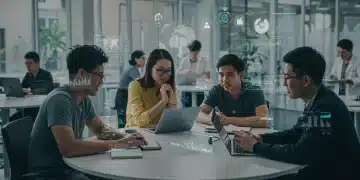 Diverse professionals engaging in collaborative learning with digital tools, symbolizing future-proof education.