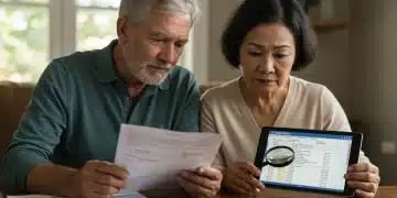 Senior couple examining Medicare documents and discussing financial implications of premium changes