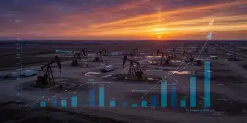 US oil production forecast to increase by 5 percent in 2026, reaching record highs, with active oil rigs at sunrise.