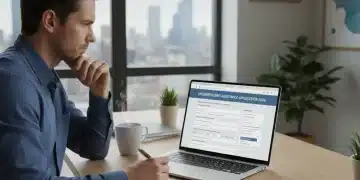 Person applying for unemployment benefits online in 2026, focused on a laptop screen.